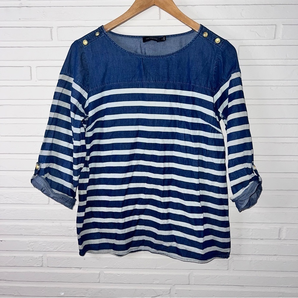 The Limited Chambray Striped Gold Button Cotton Blouse, Women’s Size Small